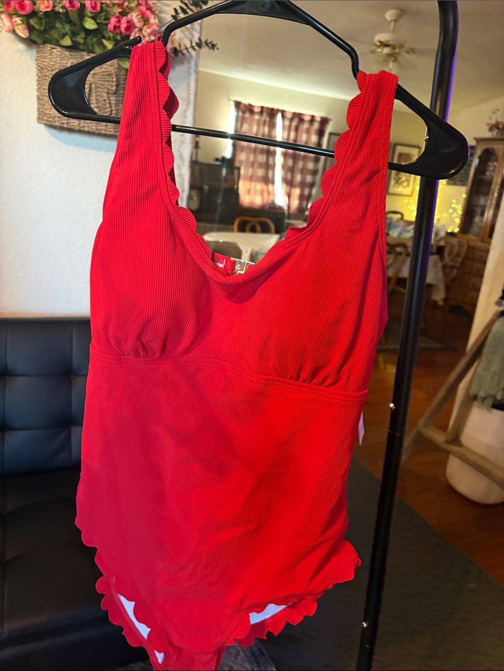 Red Women’s One-Piece Swimsuit with Scalloped Trim